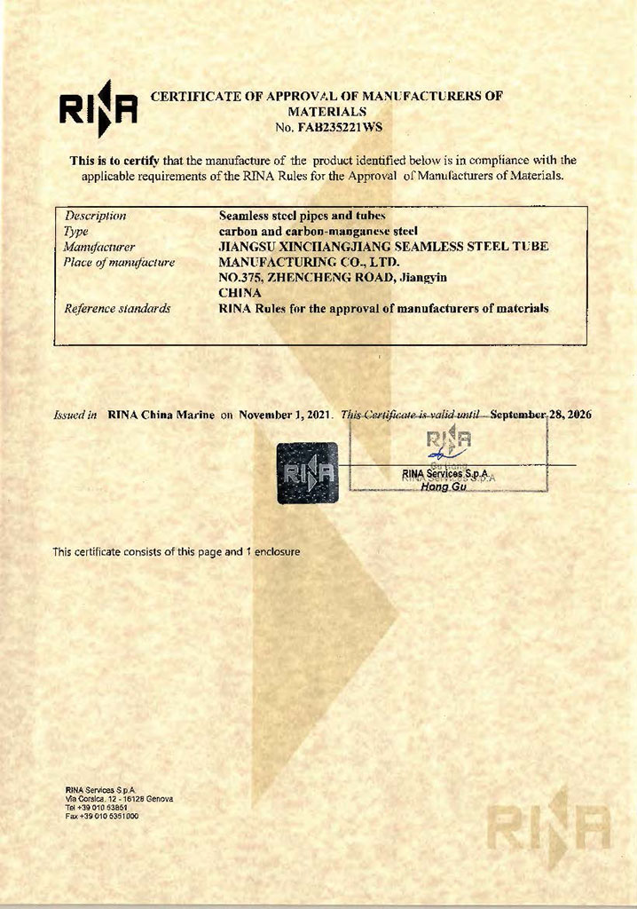 Certificate of Italian RINA Classification Society